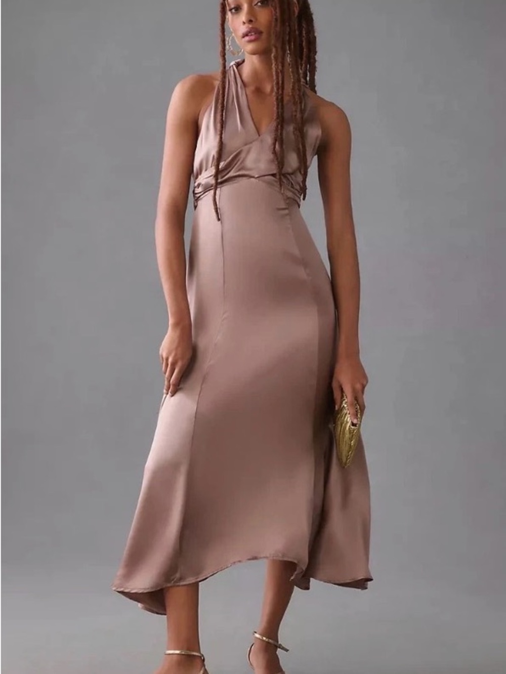 ANTHROPOLOGY silk Midi Dress in Taupe 8 new with tags - Picture 1 of 13